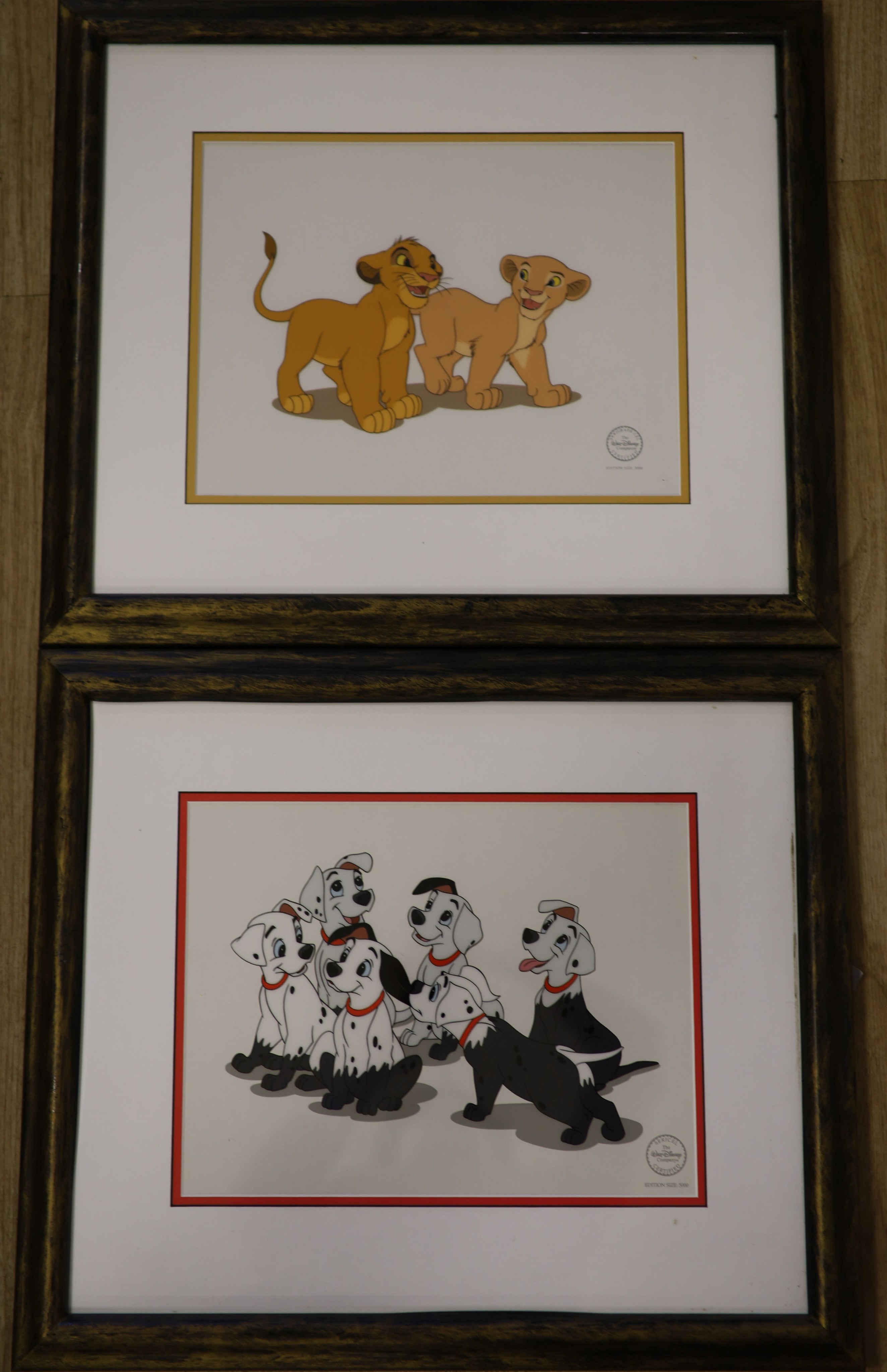 Two Walt Disney sericels, limited editions, The Lion King & 101 Dalmations, 25 x 33cm.